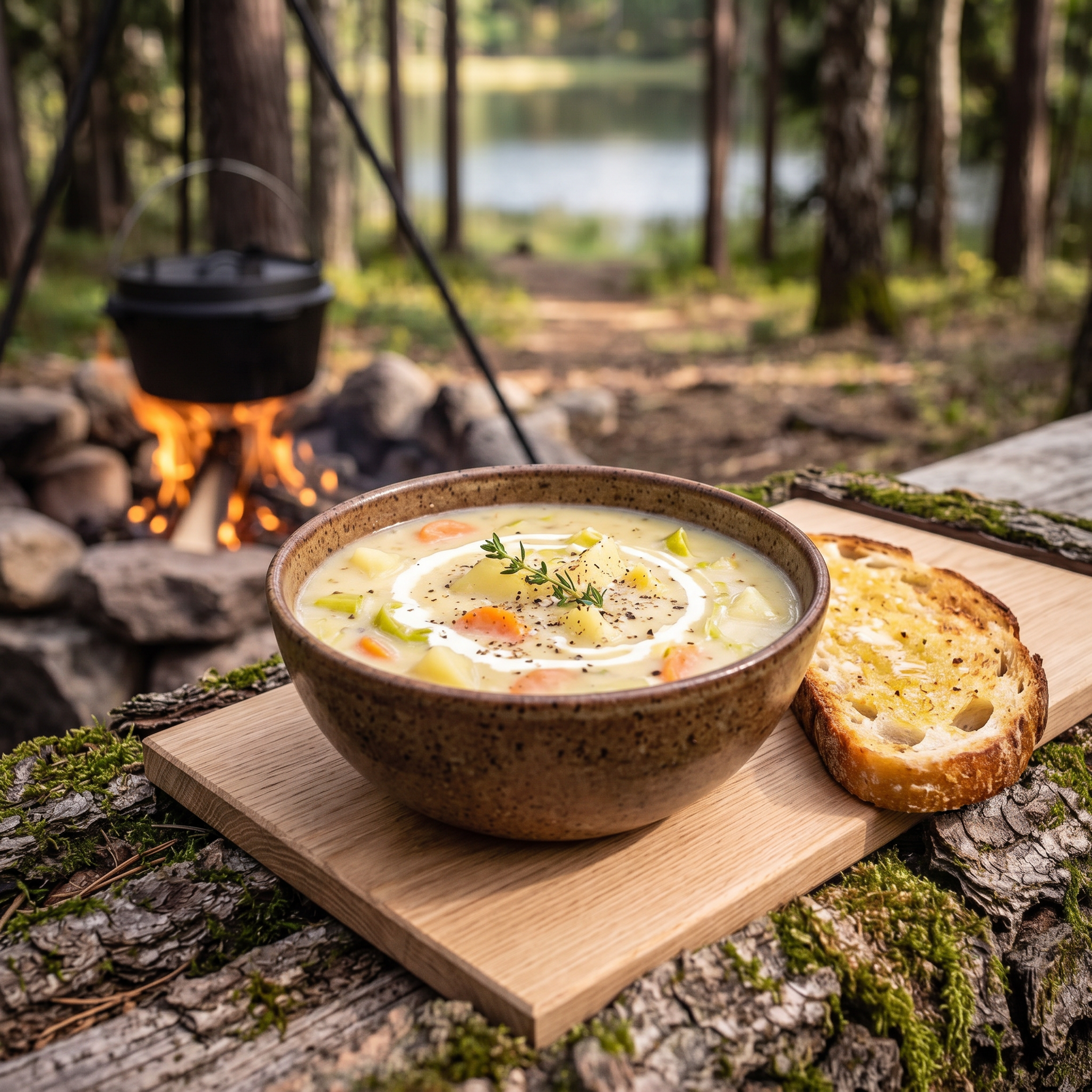 Kartoffelsuppe vom Feuer + Knoblauchbrot auf dem Deckel – Dutch Oven