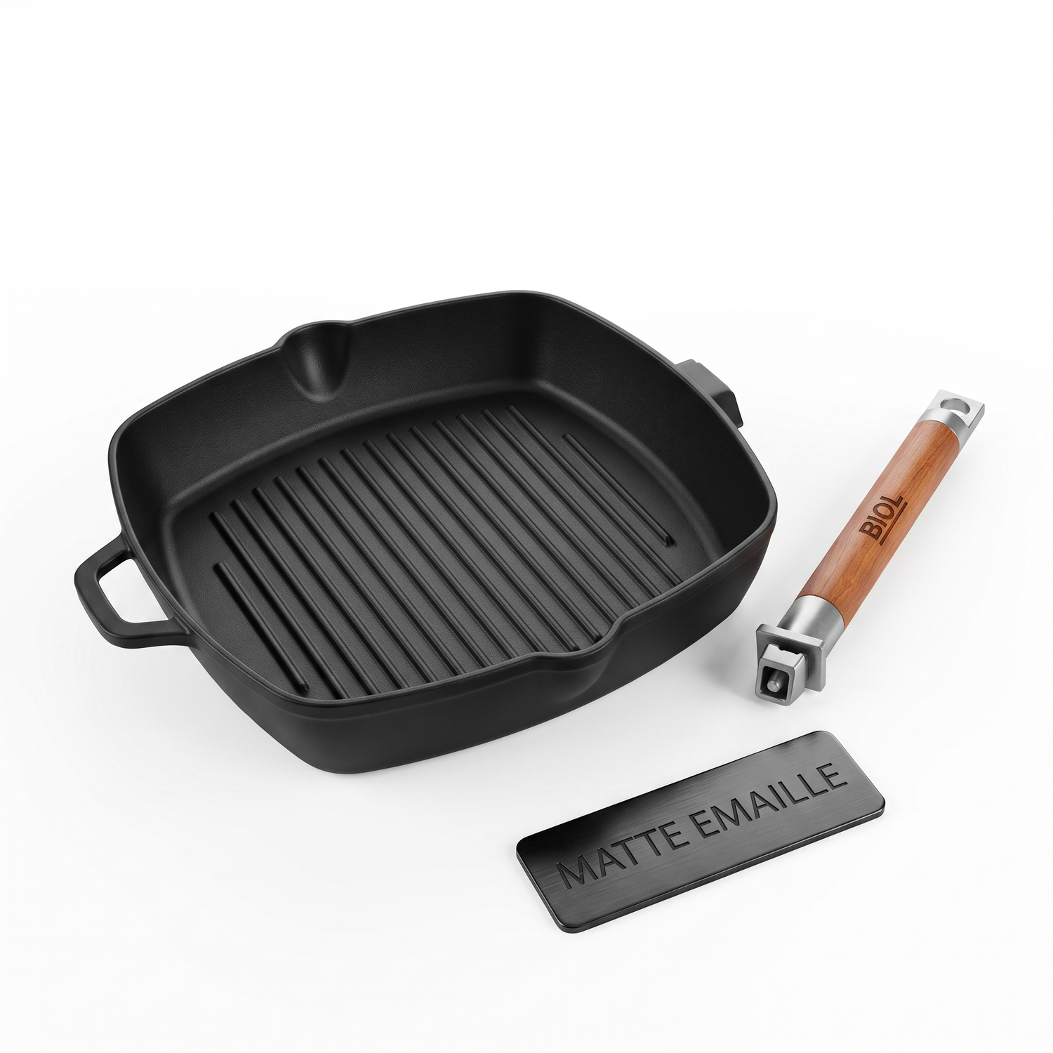 Emaillierte Gusseisen Grillpfanne mit abnehmbarer Holzgriff