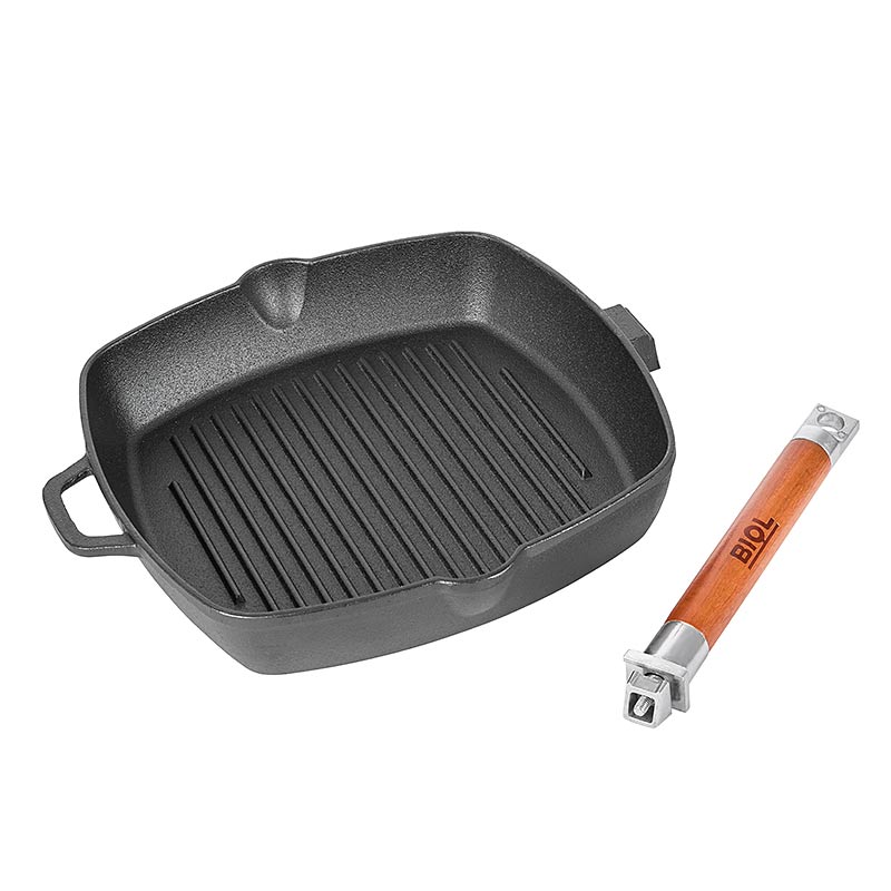Square cast iron grill pan with wooden handle